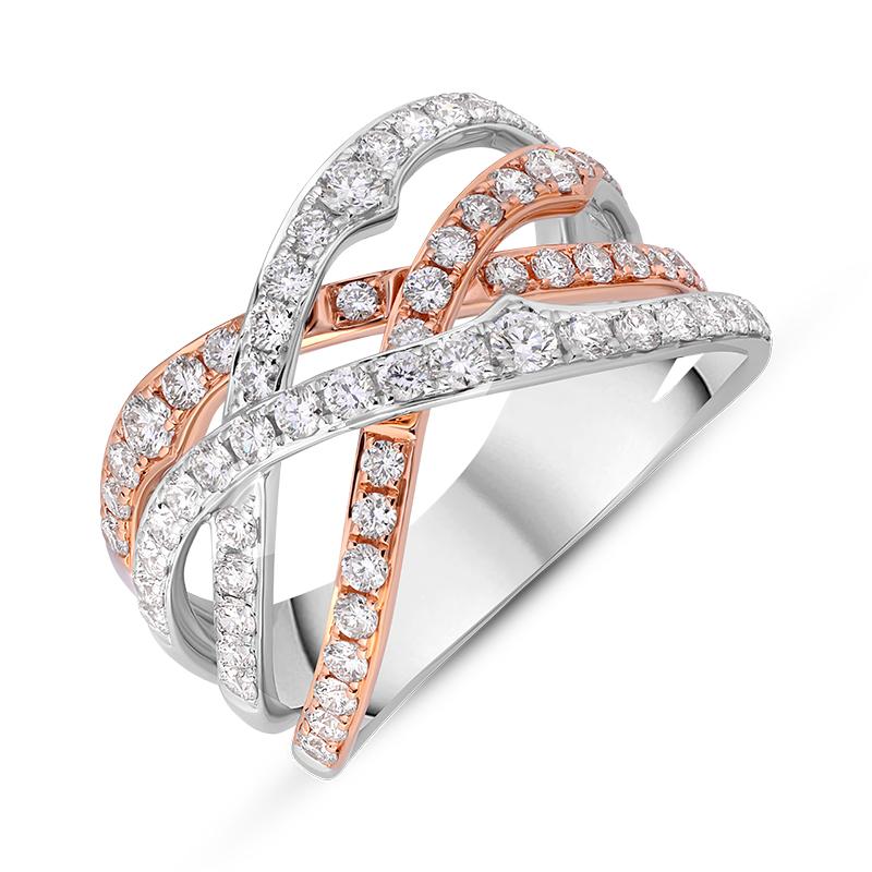 18ct Rose and White Gold Diamond Crossover Band Ring, FEU-2386