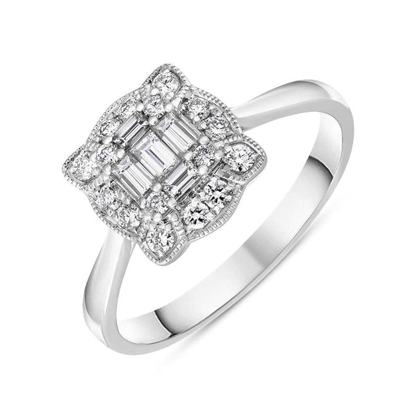 18ct White Gold Diamond Baguette Cut Vintage Style Cluster Ring FEU-2371.