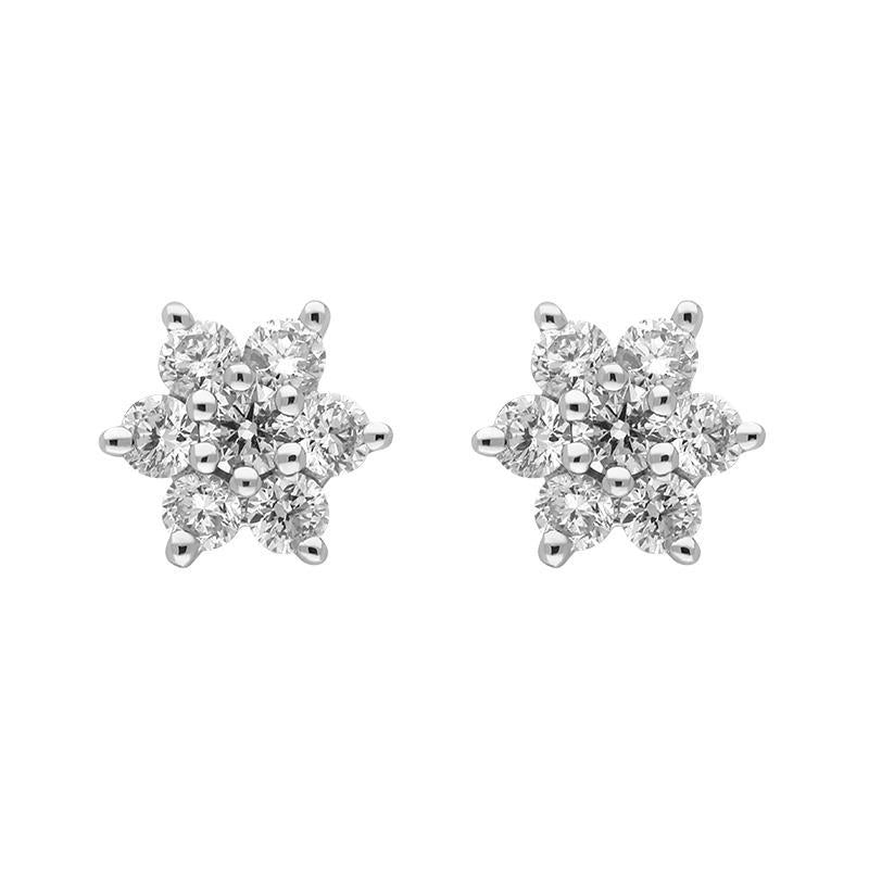 18ct White Gold Diamond Cluster Flower Stud Earrings, E00135.
