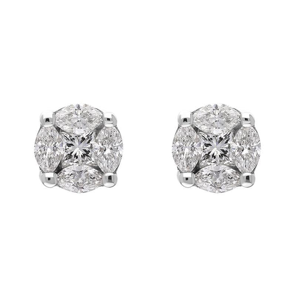 18ct White Gold Diamond Princess and Marquise Cut Cluster Stud Earrings, FEU-111. 