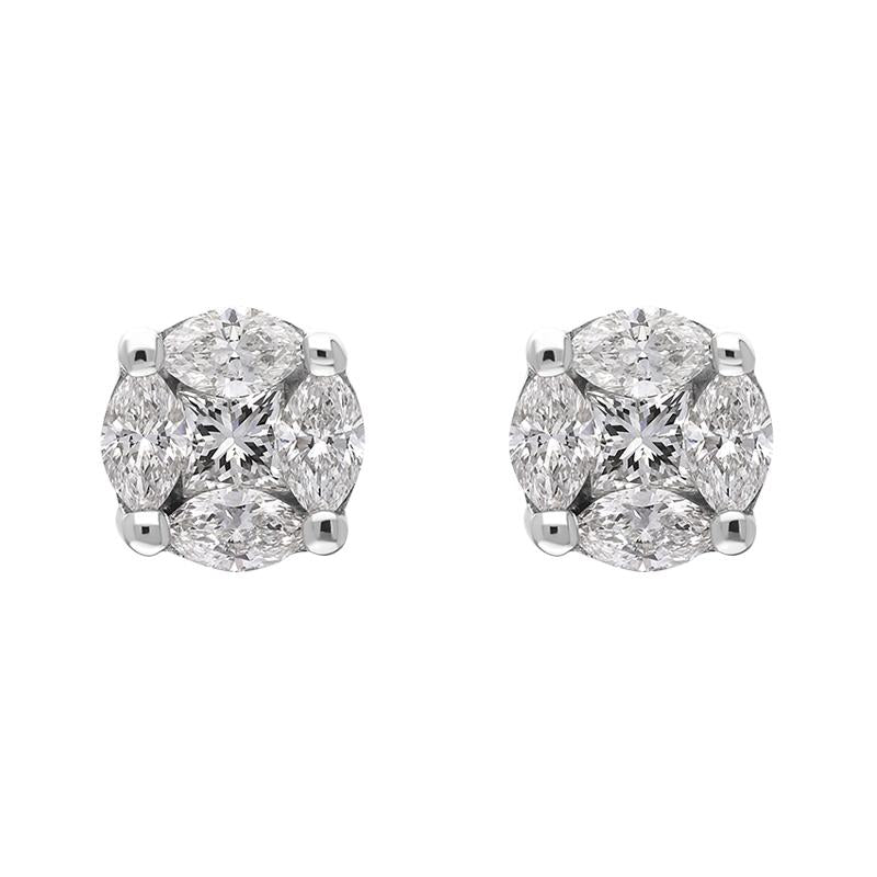 18ct White Gold Diamond Princess and Marquise Cut Cluster Stud Earrings, FEU-111. 