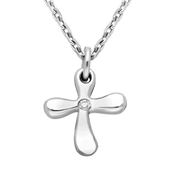 18ct White Gold Diamond Solitaire Curvy Cross Necklace