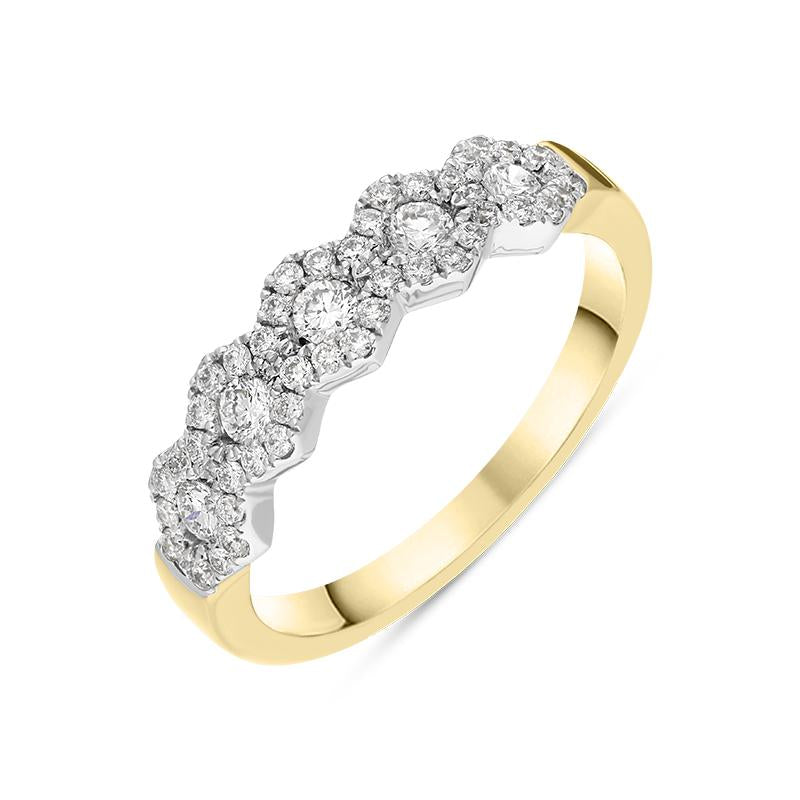 18ct Yellow Gold Diamond Five Stone Cluster Half Eternity Ring, FEU-2486