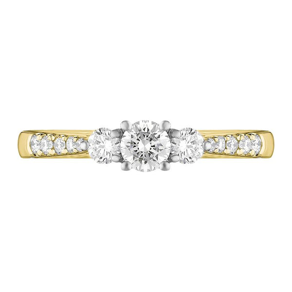 18ct Yellow Gold Diamond Three Stone Shoulder Set Ring, FEU-2528_2