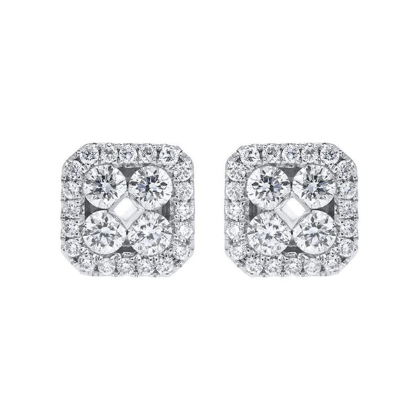 18ct White Gold 0.50ct Diamond Cushion Cluster Stud Earrings, FEU-108.