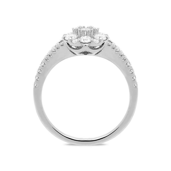 18ct White Gold 0.94ct Diamond Split Shoulder Round Cluster Ring FEU-1517