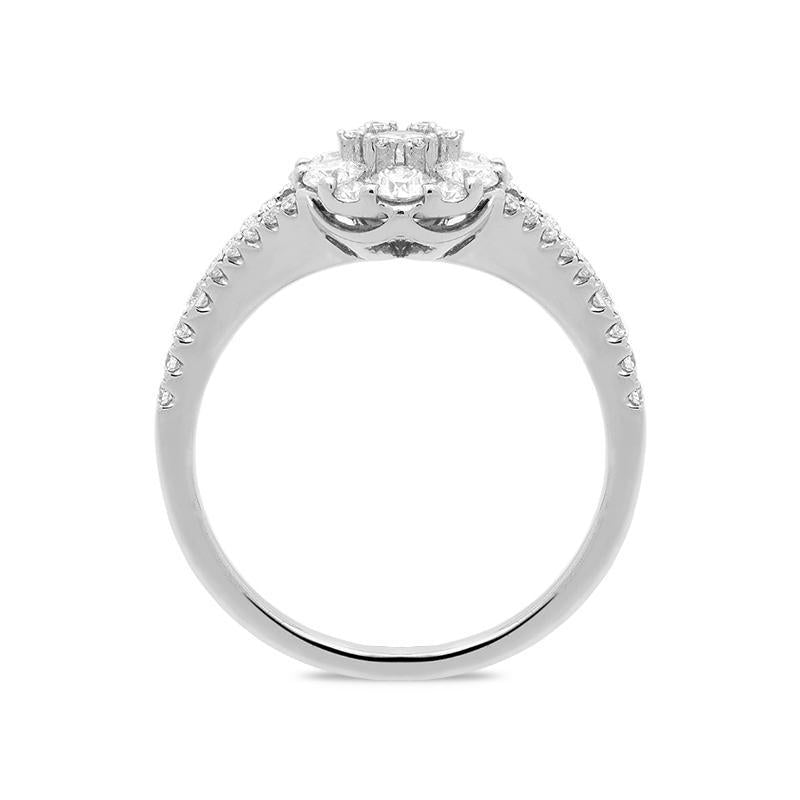18ct White Gold 0.94ct Diamond Split Shoulder Round Cluster Ring FEU-1517