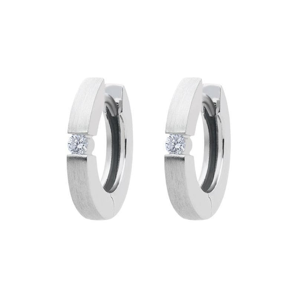 18ct White Gold Diamond Brilliant Cut Satin Hoop Earrings, BRN-087.