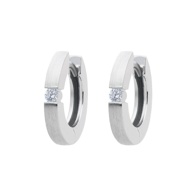 18ct White Gold Diamond Brilliant Cut Satin Hoop Earrings, BRN-087.