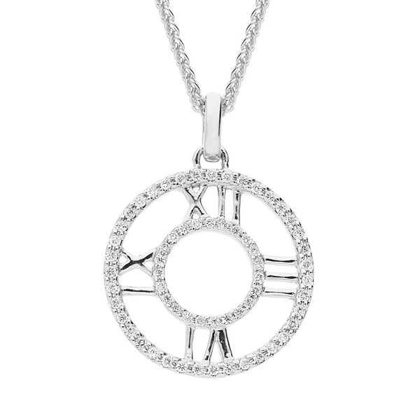 18ct White Gold Diamond Small Clock Face Necklace, P3188C.