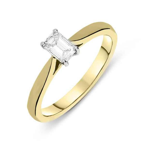 18ct Yellow Gold 0.40ct Diamond Solitaire Emerald Cut Claw Set Ring FEU-676