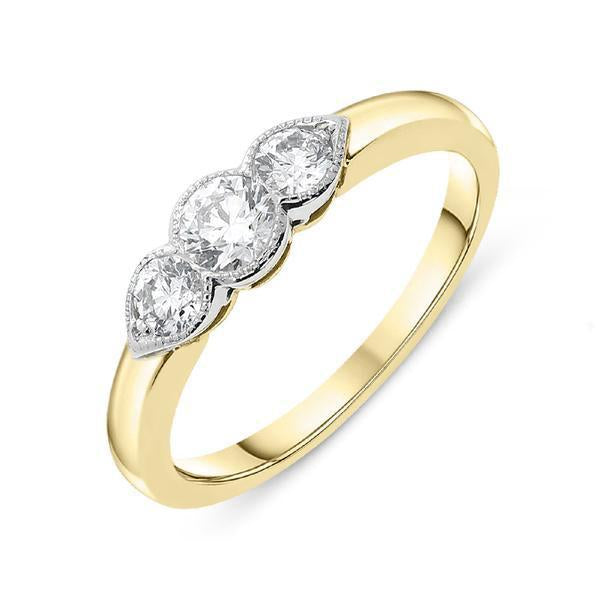 18ct Yellow Gold 0.52ct Diamond Millgrain Trilogy Ring, FEU-1197.