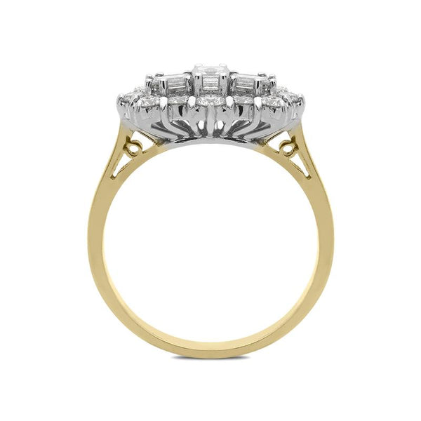 18ct Yellow Gold 1.10ct Diamond Baguette Cut Cluster Ring, FEU-1254.