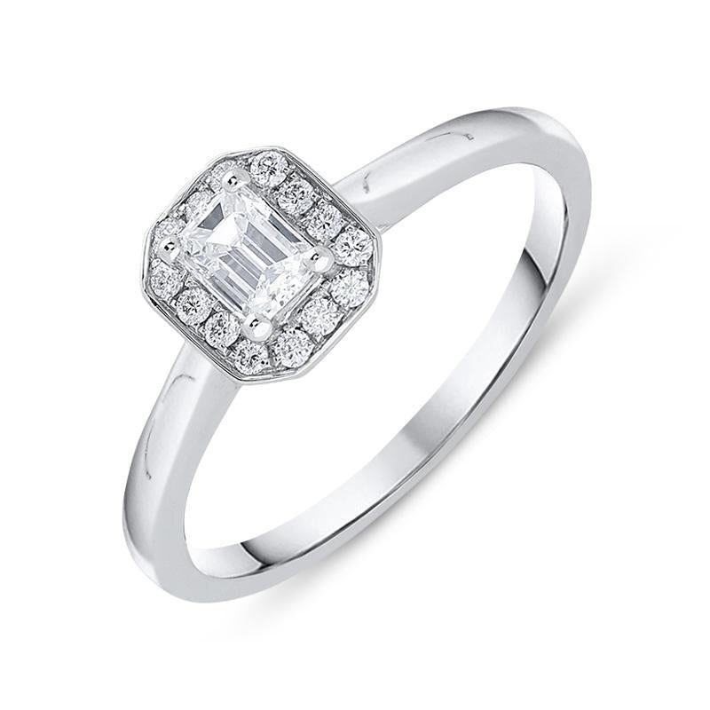Platinum 0.46ct Diamond Emerald Cut Halo Ring, FEU-1368.